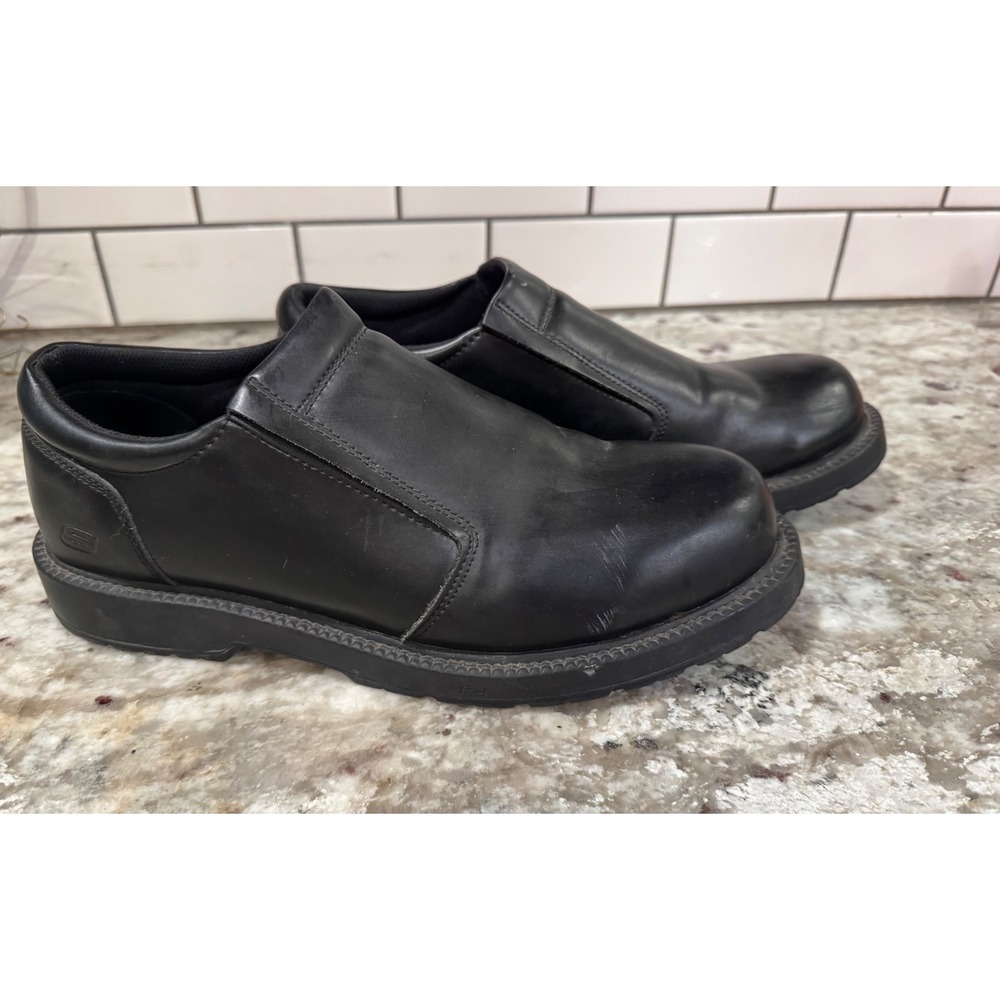 Skechers Work Men Black Leather Slip Resistant Loafers Shoes Round Toe Slip On